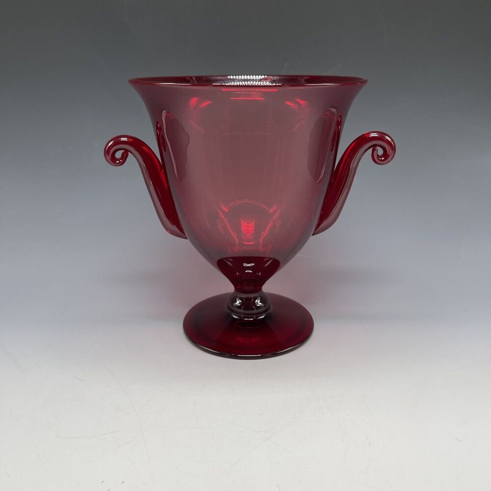 Vintage‎ Glass Red Ruby Trophy Pedestal Vase Handled MCM - Picture 1 of 16
